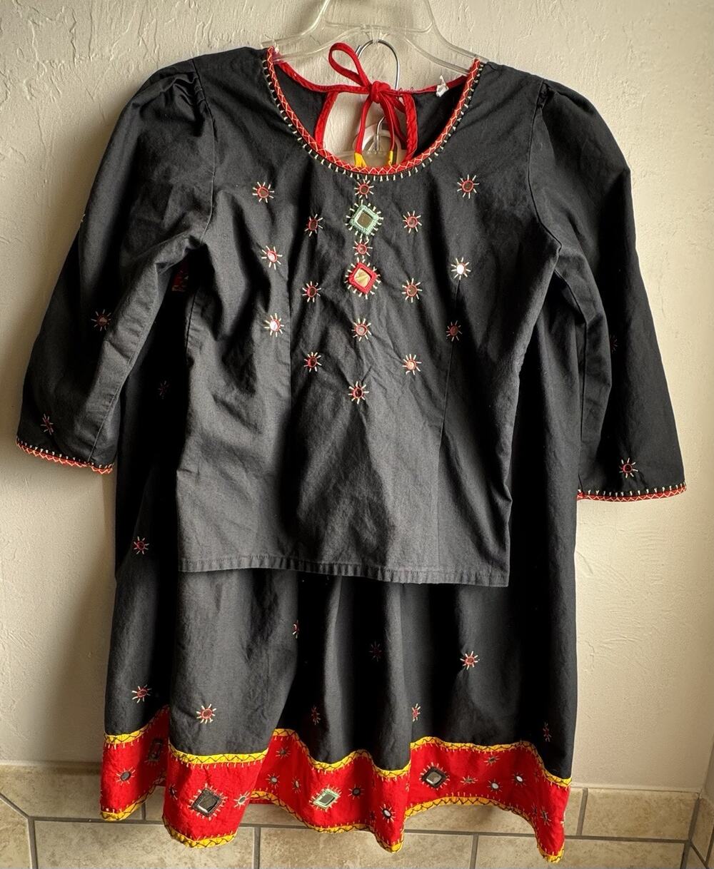 NW/OT Girls India Boutique Mirror Hippie BOHO Maxi Skirt W/Top Black Red Size 30